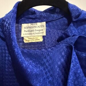 Vtg Pendleton Miss Sophisticates Blue Tie micro-houndstooth jacqua‎ Neck Blouse